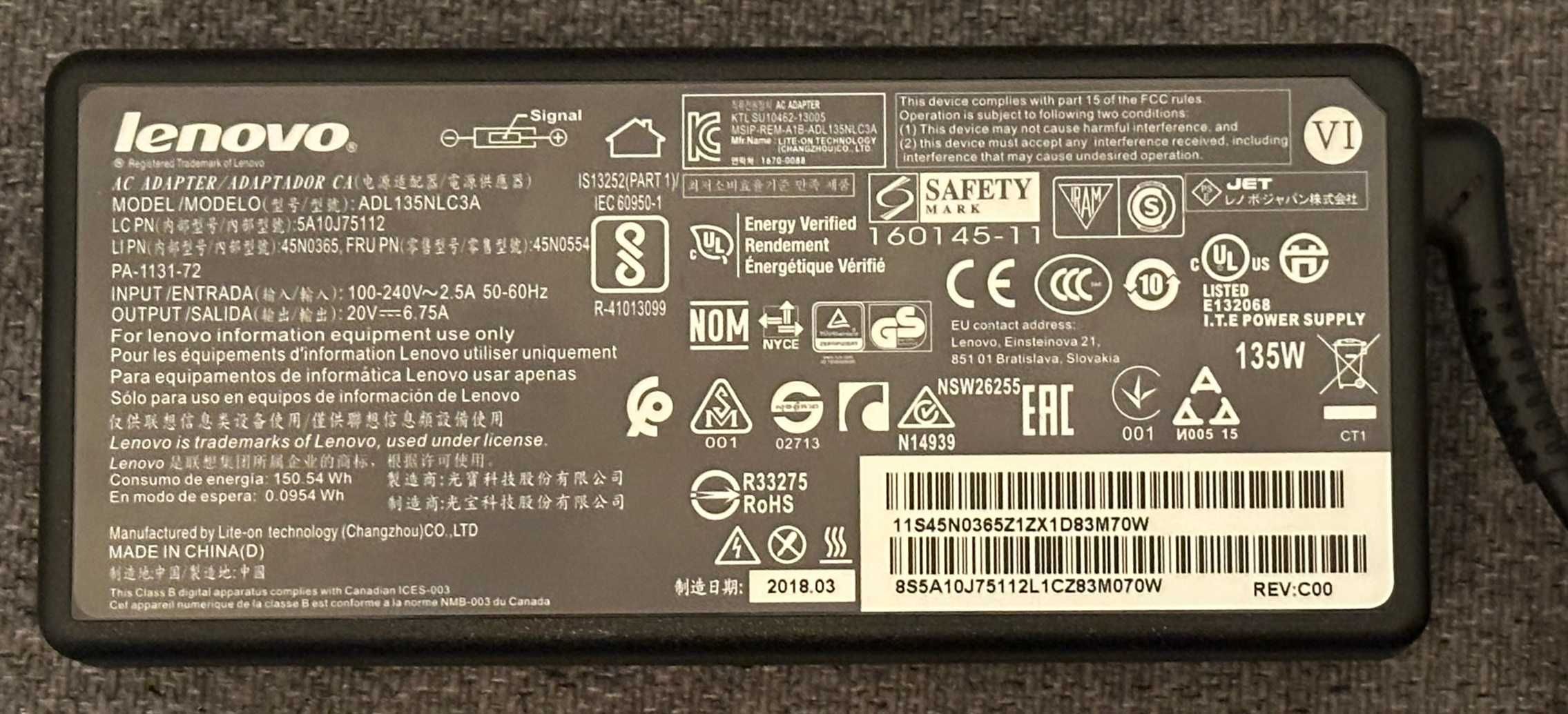 Oryginalny zasilacz LENOVO 20V 6,75A 135W  model: ADL135NLC3A