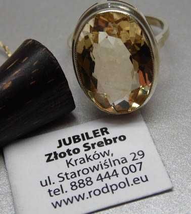 Przedwojenny pierścionek cytryn 7,50 ct. srebro złocone R.12