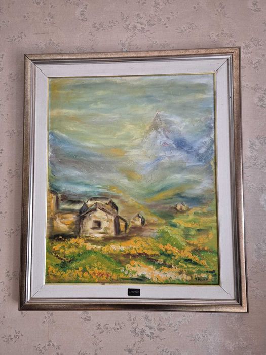 Quadro a óleo - paisagem rural com casas e montanhas
