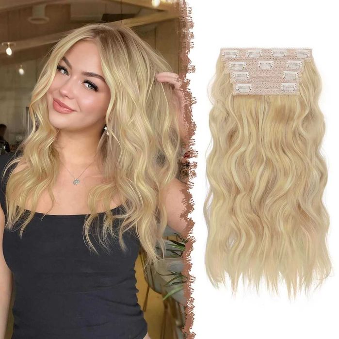 Przedłużki do włosów,treska 40 cm,syntety,4 szt.długie,falowane,blond