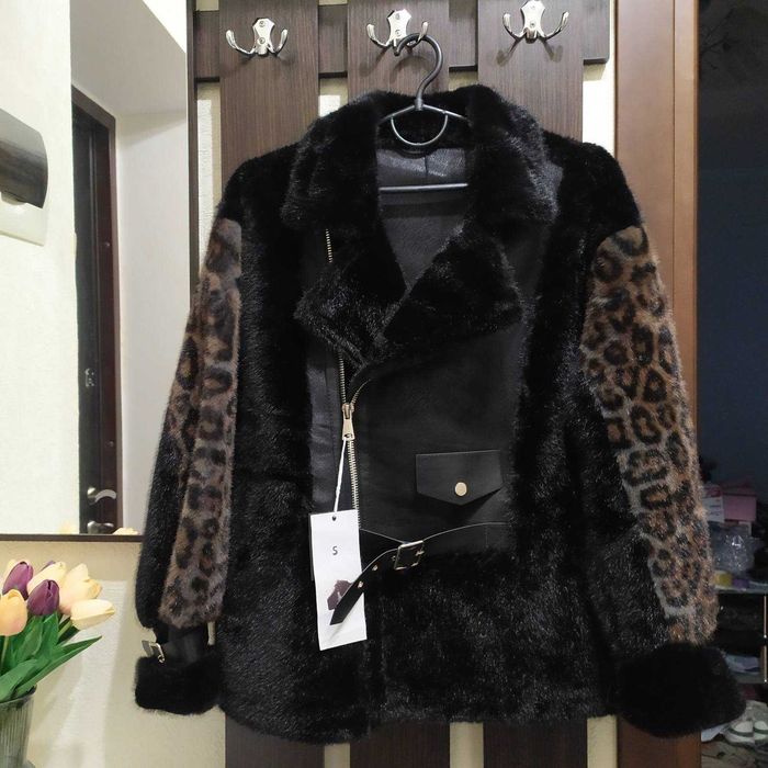 Пуховик дубленка шубка еко норка з леопардовими вставками р. S