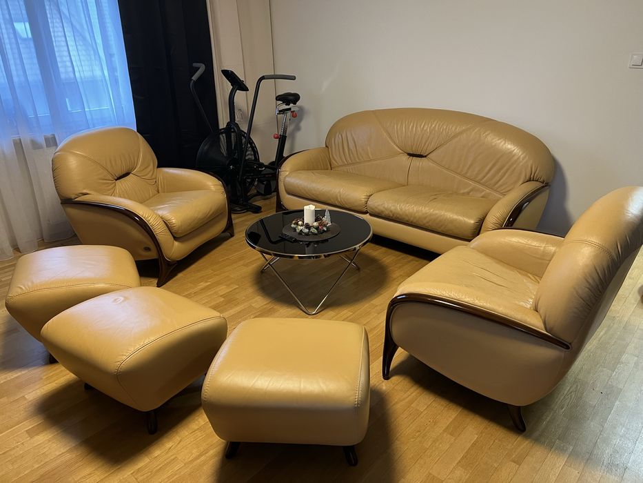 Komplet wypoczynkowy skóra sofa pufy fotele Alberto Nieri Kler beżowy