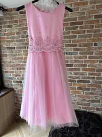 Piękna balowa rozowa suknia z koralikami nowa 146/152