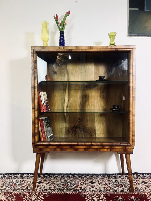 Witryna biblioteka art deco lata 50 orzech mat patyczak vintage