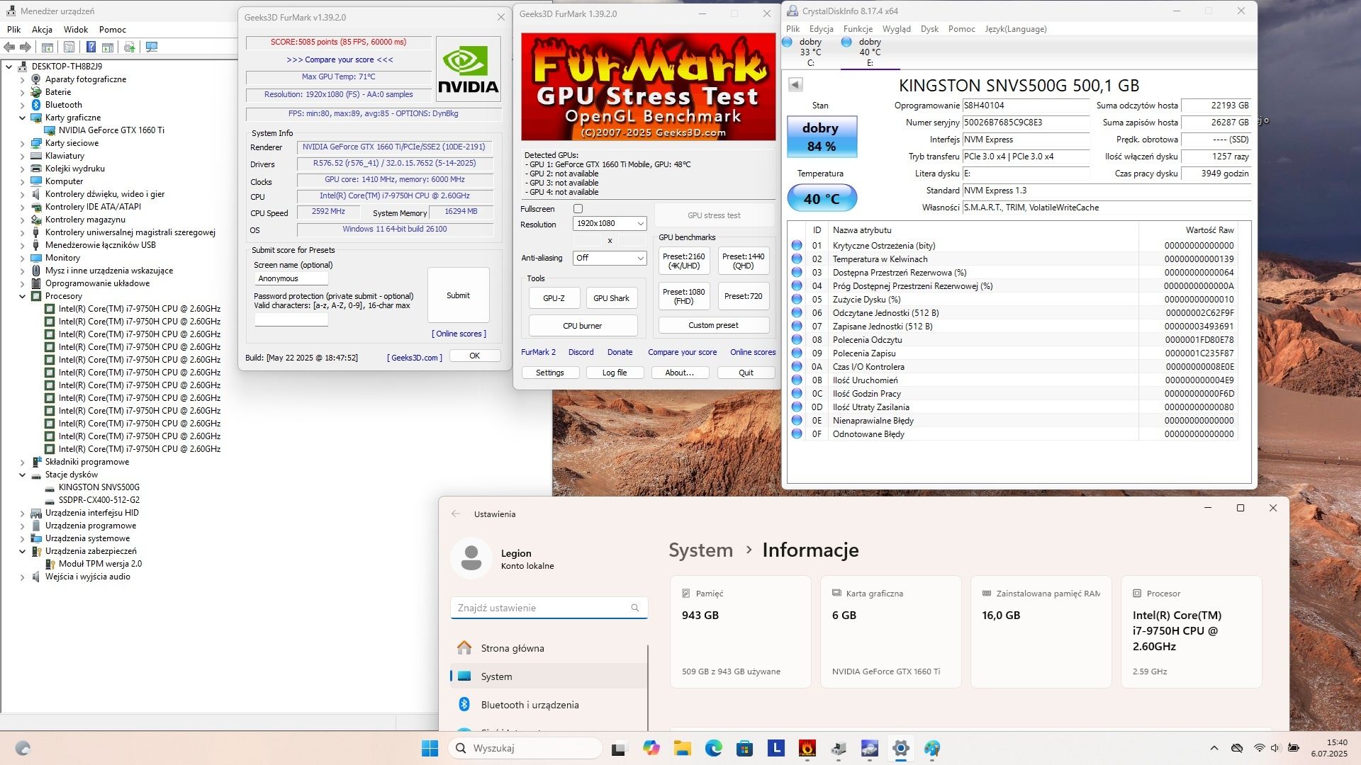 Legion Karta 6gb, 16gb ram, 2x 512gb SSD, Do gier. 17,3