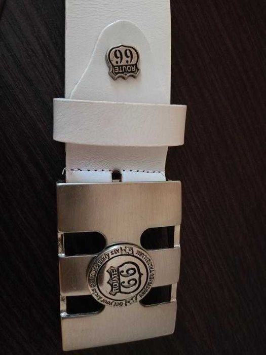 Шкіряний білий ремінь з пряжкою Route 66
