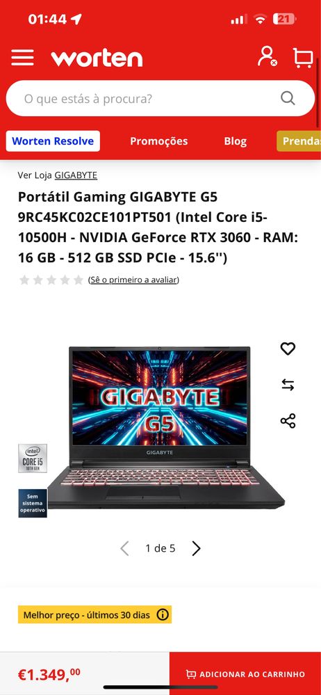 Portátil GIGABYTE G5 RTX4060