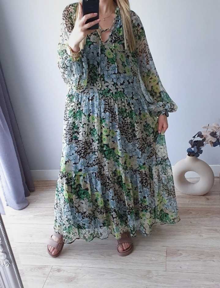 Długa maxi luźna oversize sukienka szyfonowa zwiewna w kwiaty