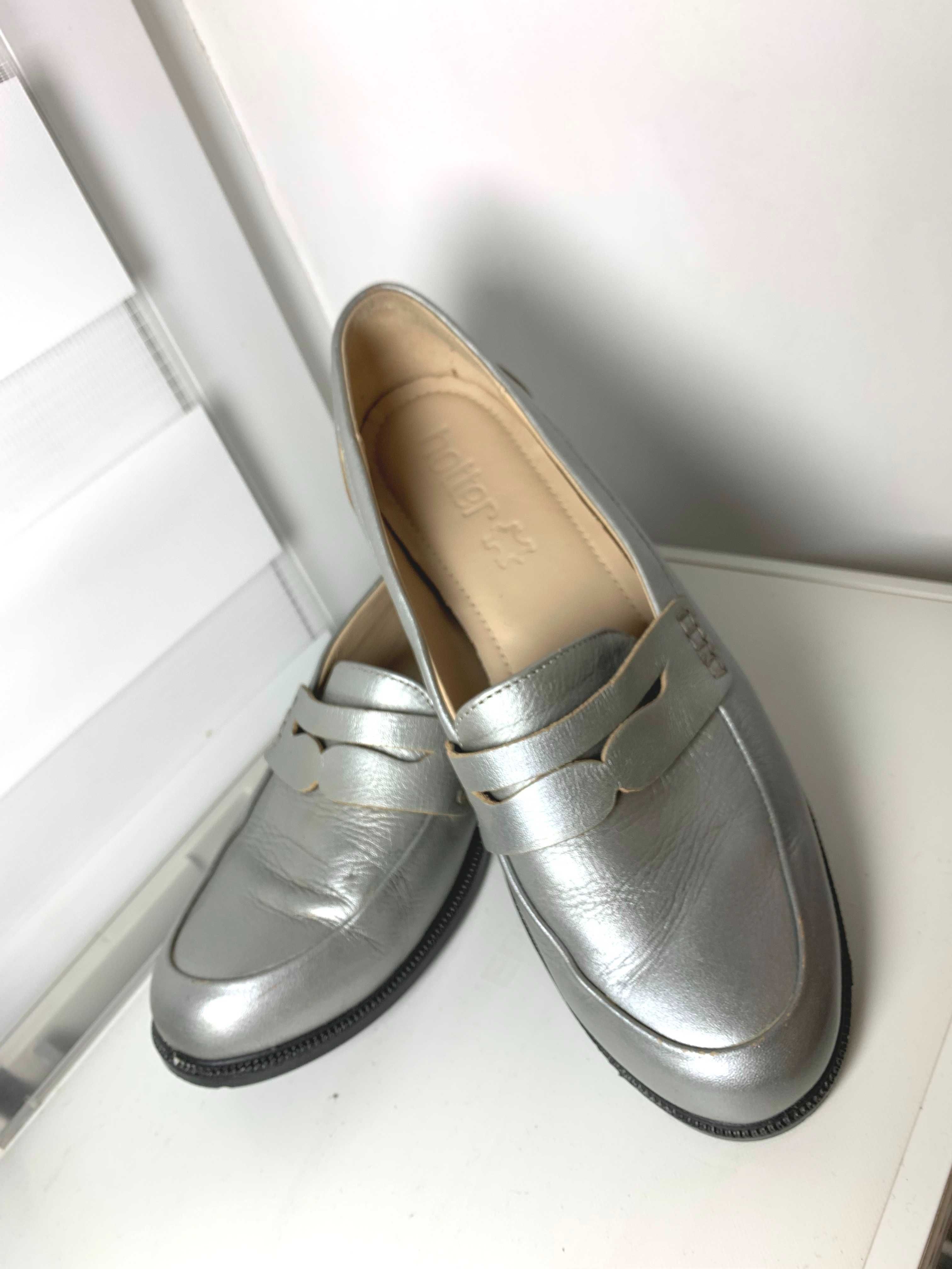 buty loafers 39 skóra naturalna skórzane mokasyny lords srebrne oxford