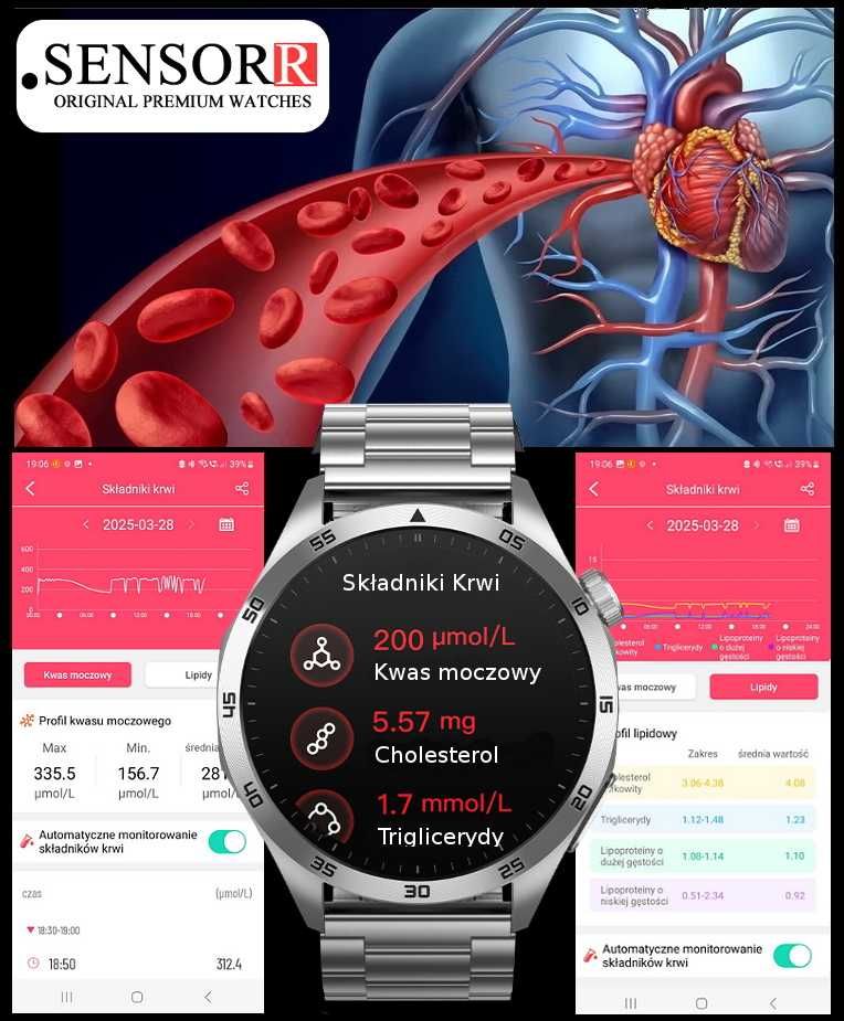 SMARTWATCH Męski Rozmowy SMS EKG Pomiar Cukru CIŚNIENIE Temperatura PL