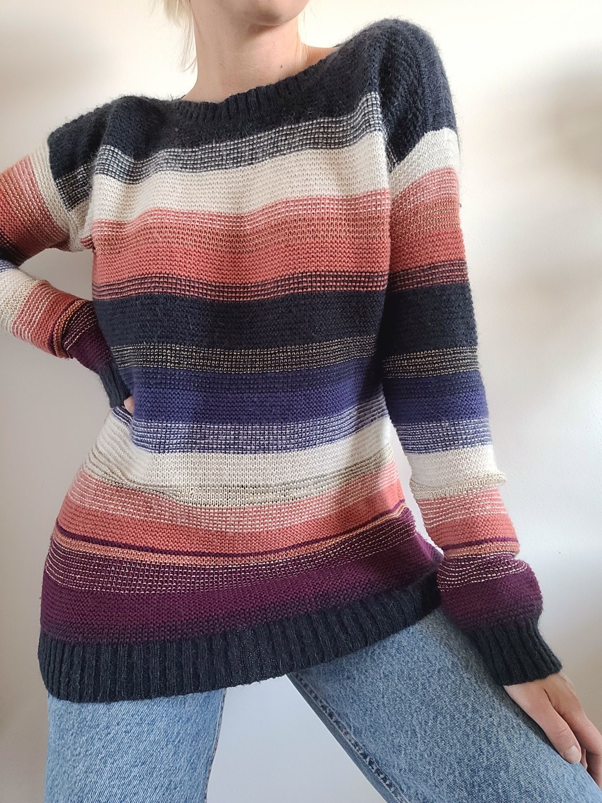 Wełniany kolorowy sweter w pasy oversize wełna moher Jackpot