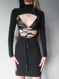 Sukienka skóra pentagram black metal rękawy czarna cyber wiązana goth