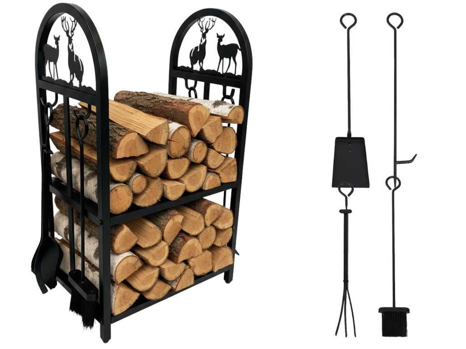 Stojak Kosz Metalowy Na Drewno Z Przyborami Kominkowymi Do Kominka