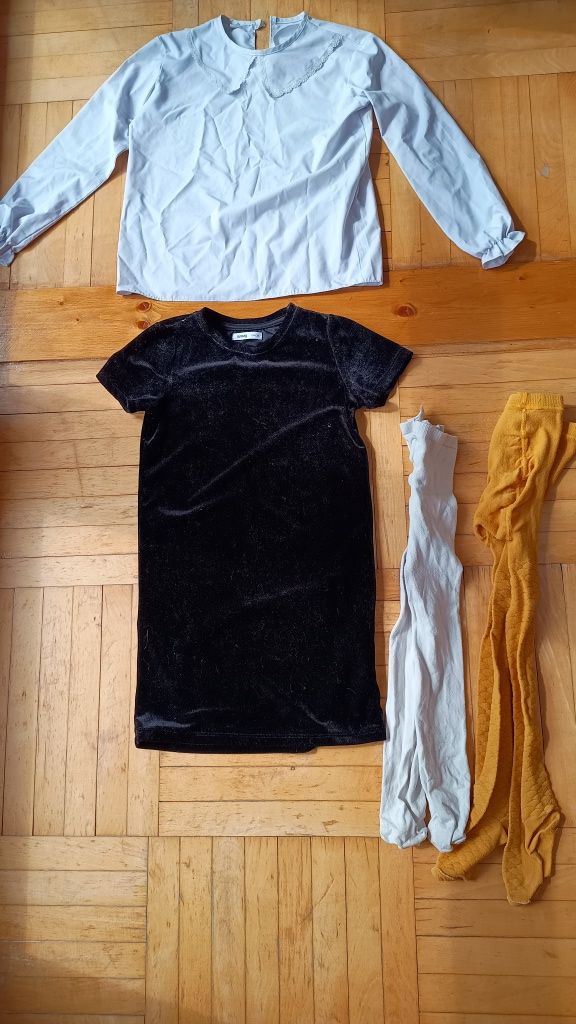 Strój galowy 134  wizytowy biała bluzka sukienka rajstopy H&M Sinsay Z