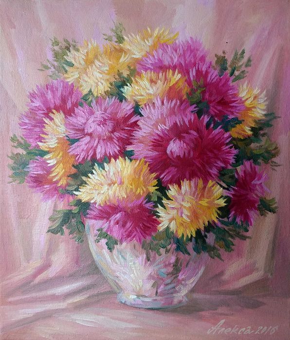 "Астры в хрустальной вазе",картина маслом