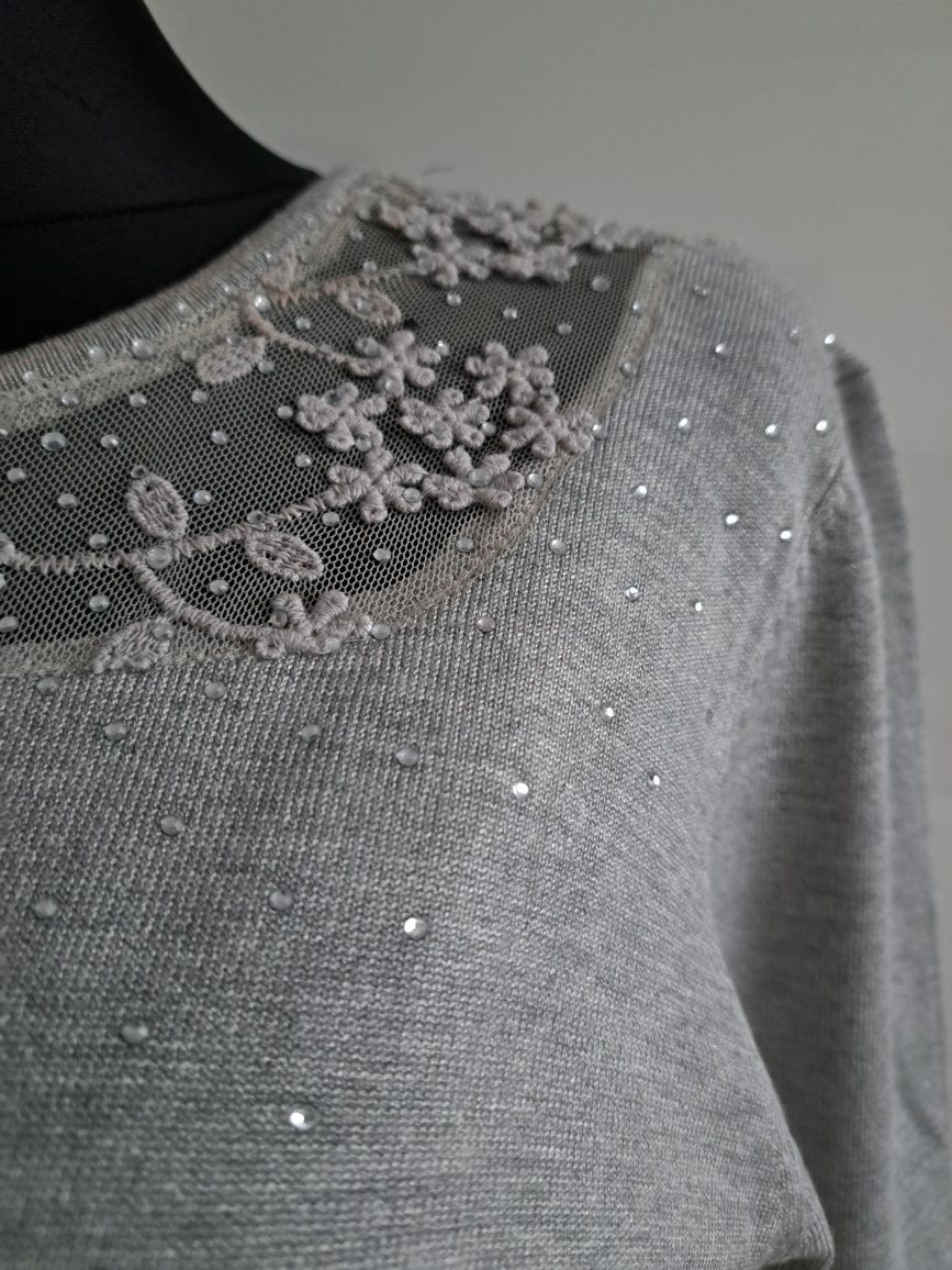 Mizano sweter bluzka koronka ozdoby wełna bawełna  L XL