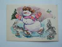 открытка СССР Зотов с новым годом снеговик заяц коньки 1963