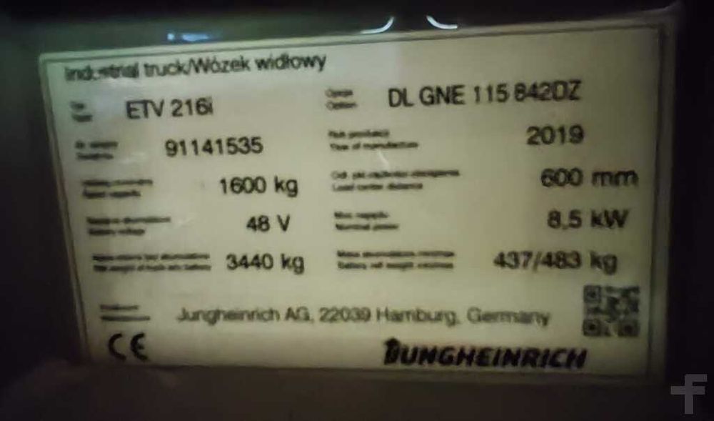 Paleciak Reach Truck Jungheinrich ETV 216i Li-ion/1600kg/8420mm/21294h