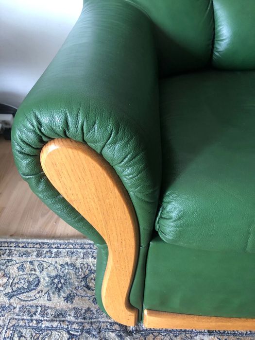 Kanapa sofa retro ze skóry naturalnej zielona rozkładana