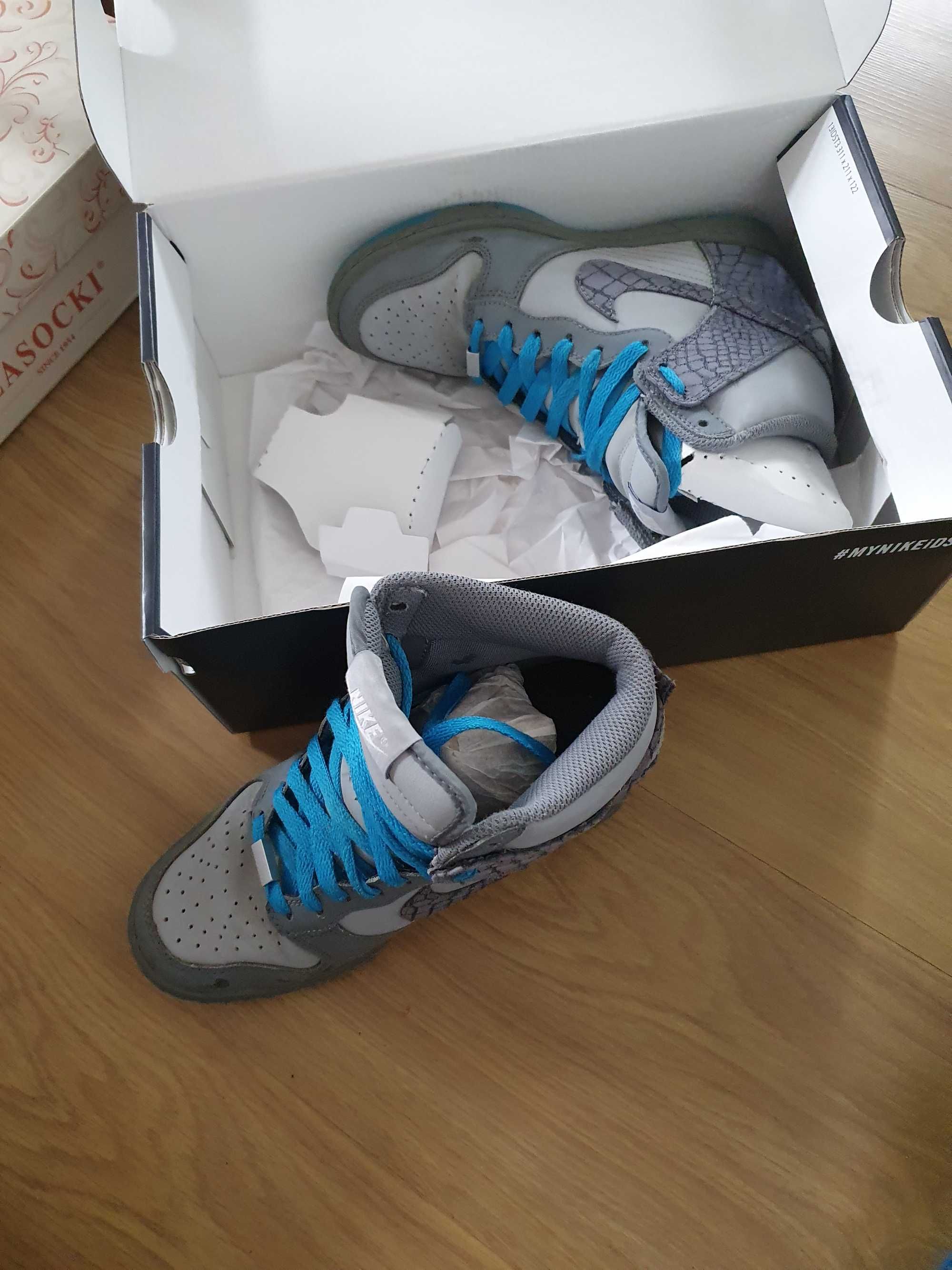 nike dunk high z nike id szare z niebieskimi sznurowadłami rozmiar 37
