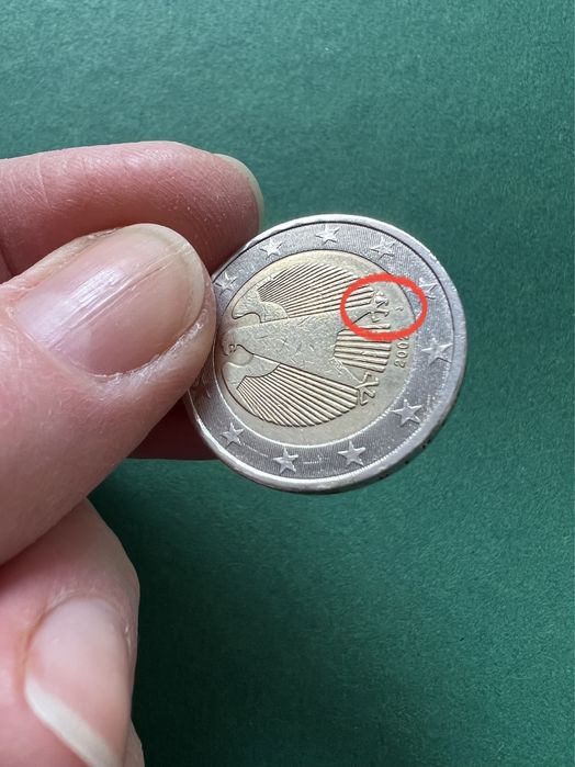 2 евро 2002, Германия, редкий брак чеканки