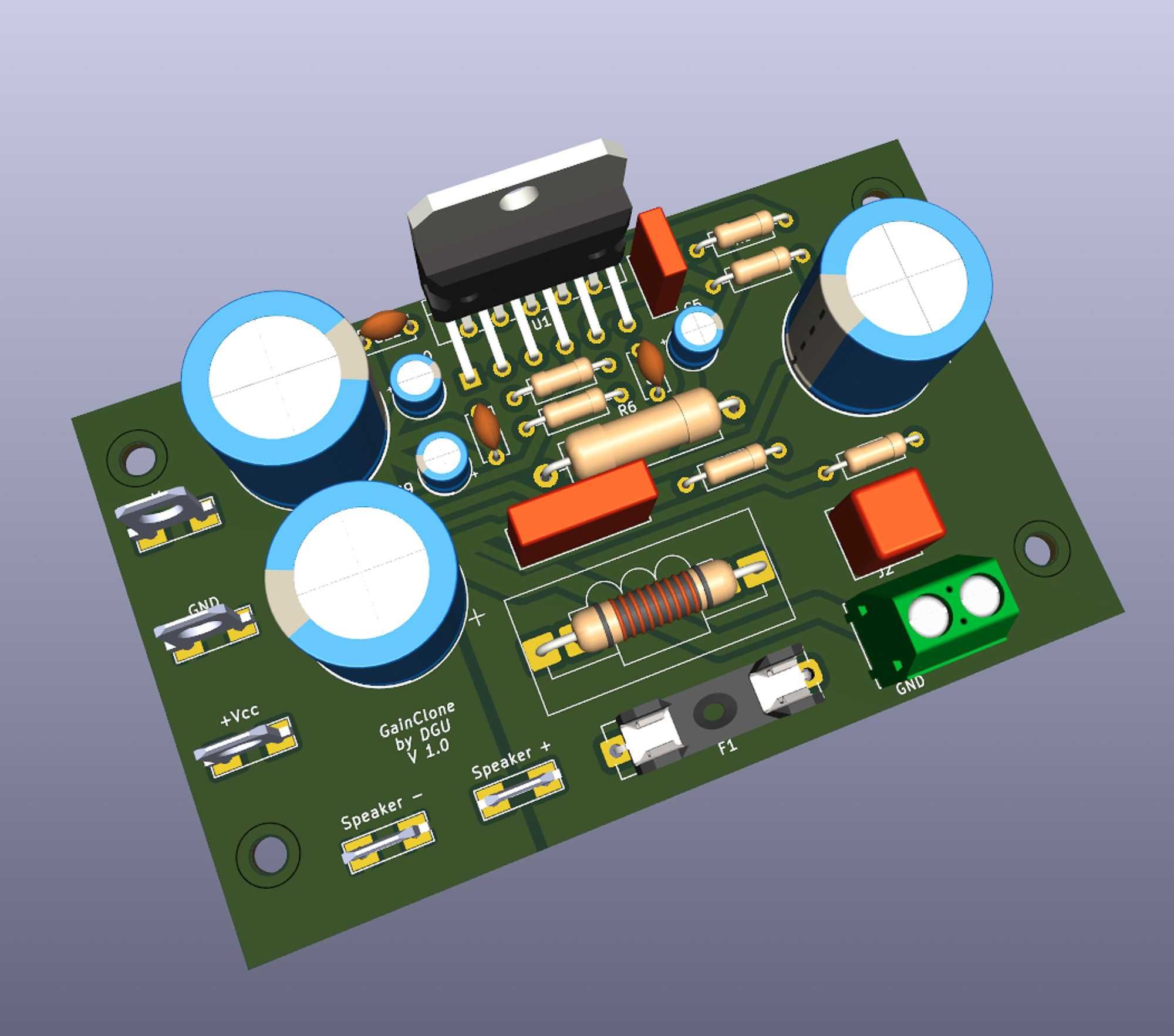 LM3886, GainClone, DIY, PCB z elementami do samodzielnego montażu.