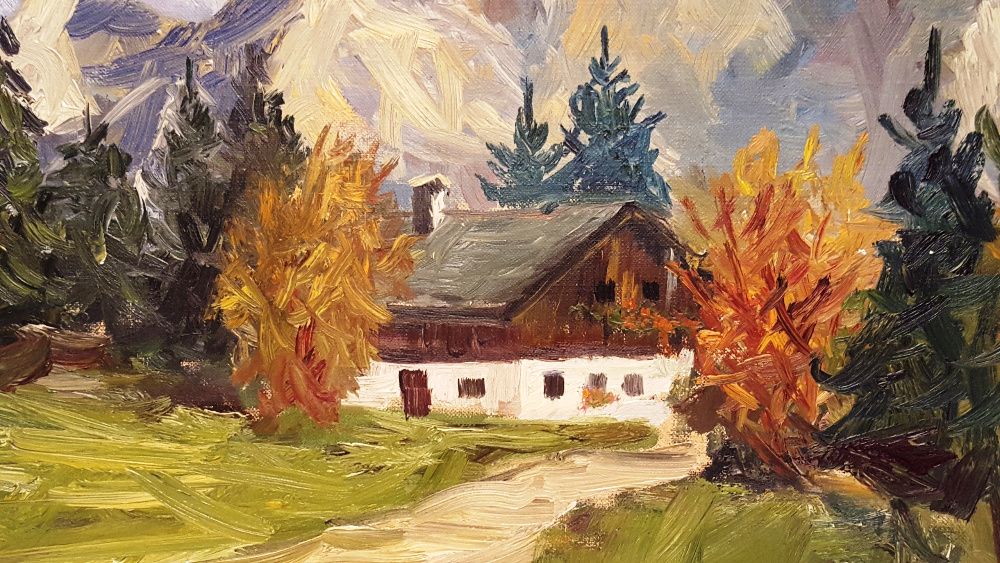 Obraz olejny na płótnie " Dom w górach " drewniana rama wym. 60x70 cm.