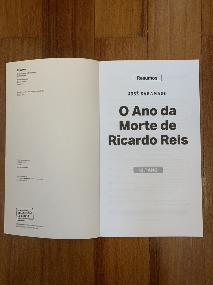Livro auxiliar " O Ano da Morte de Ricardo Reis ”- José Saramago