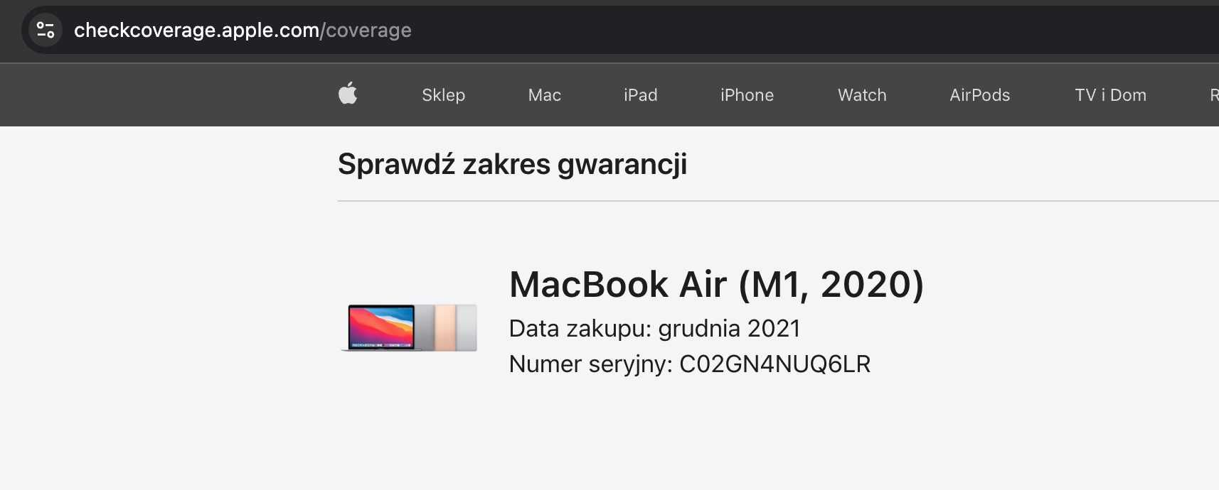 MacBook M1 Air 13.3” Retina 8GB / 256GB / Gwiezdna Szarość - IDEALNY