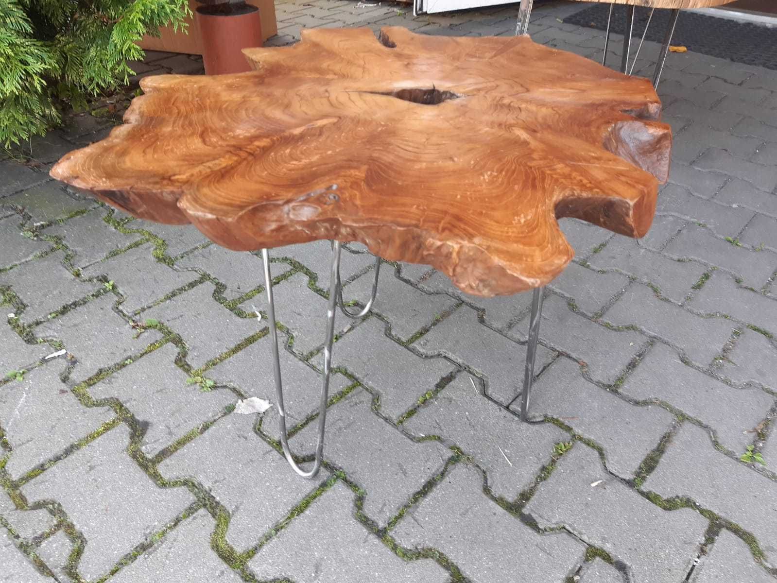 STOLIK Kawowy średnica 55cm Drewno Stół TEAK 3 Nogi Metalowe