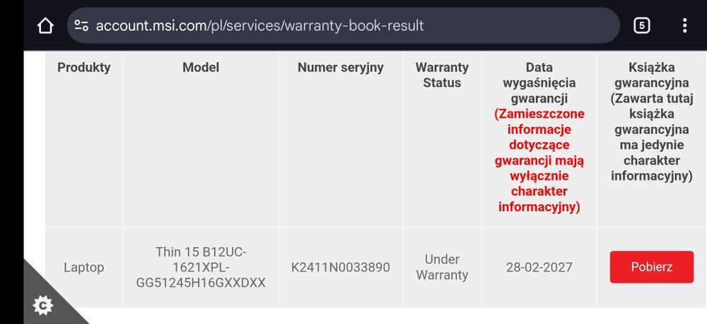 Laptop gamingowy MSI Thin RTX 3050 i5 12th SSD 512GB RAM 16GB