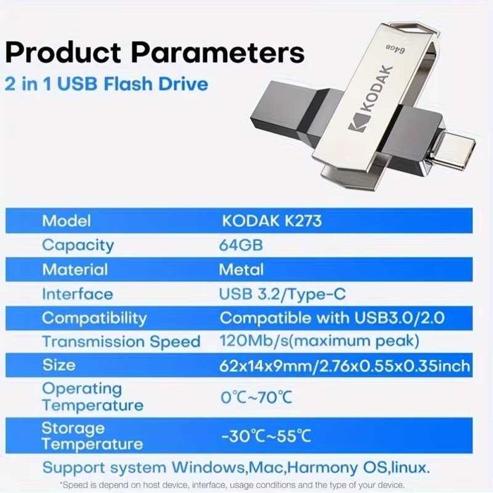 Pen Drive Kodak Dual Flash Drive K273 64GB USB-A / USB-C (3.2)