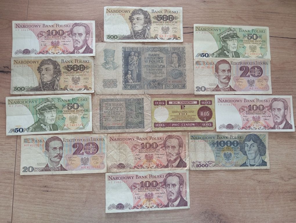 Banknoty PRL + Banknoty II RP+ Bon Towarowy Zestaw 14 sztuk 1zł 1941