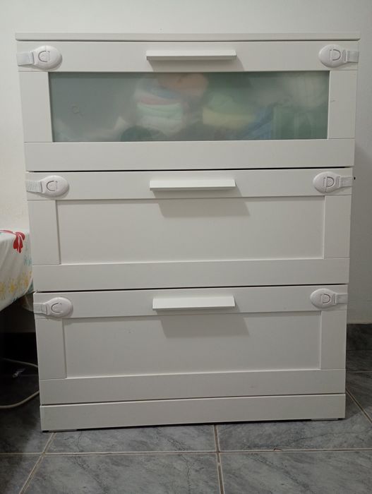 Cómoda c/3 gavetas, branco/vidro fosco, 80x95x46 cm