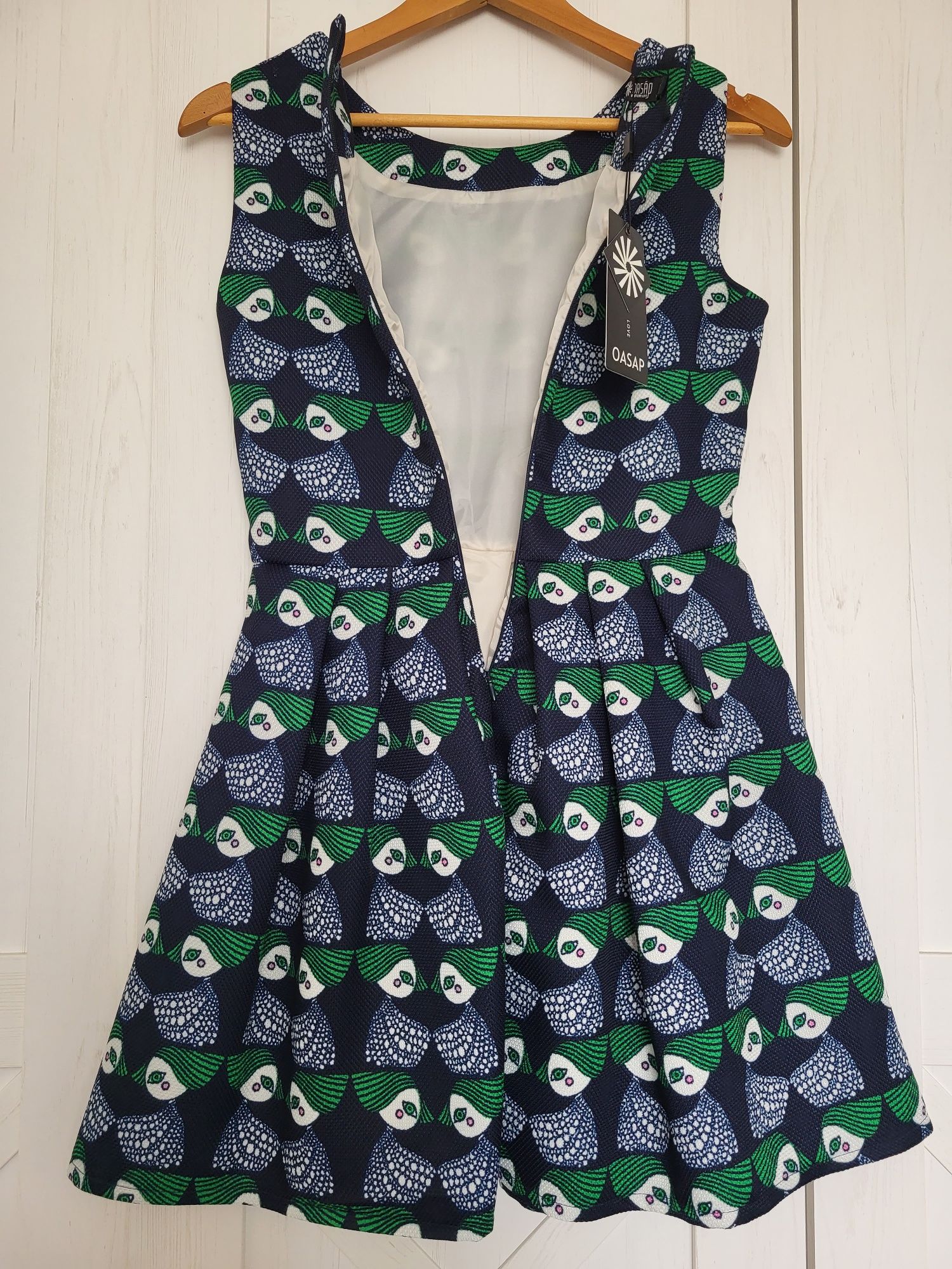 Retro sukienka gruby materiał zara mango vintage granatowa wzór
