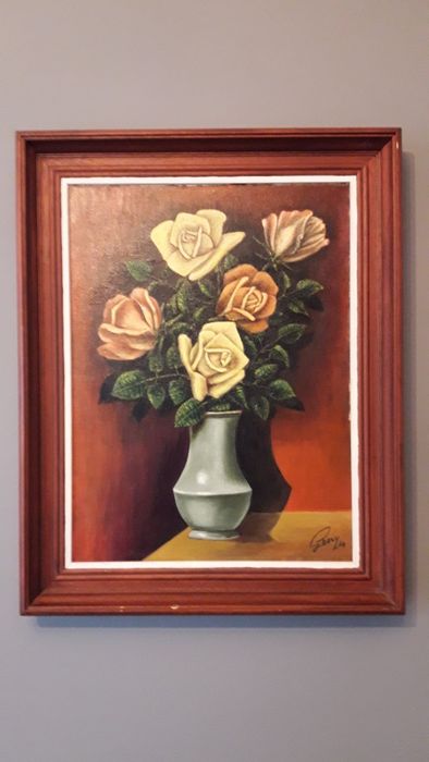 Obraz olejny z 1984r. belgijskiego malarza G. Lecry- Kwiaty w wazonie