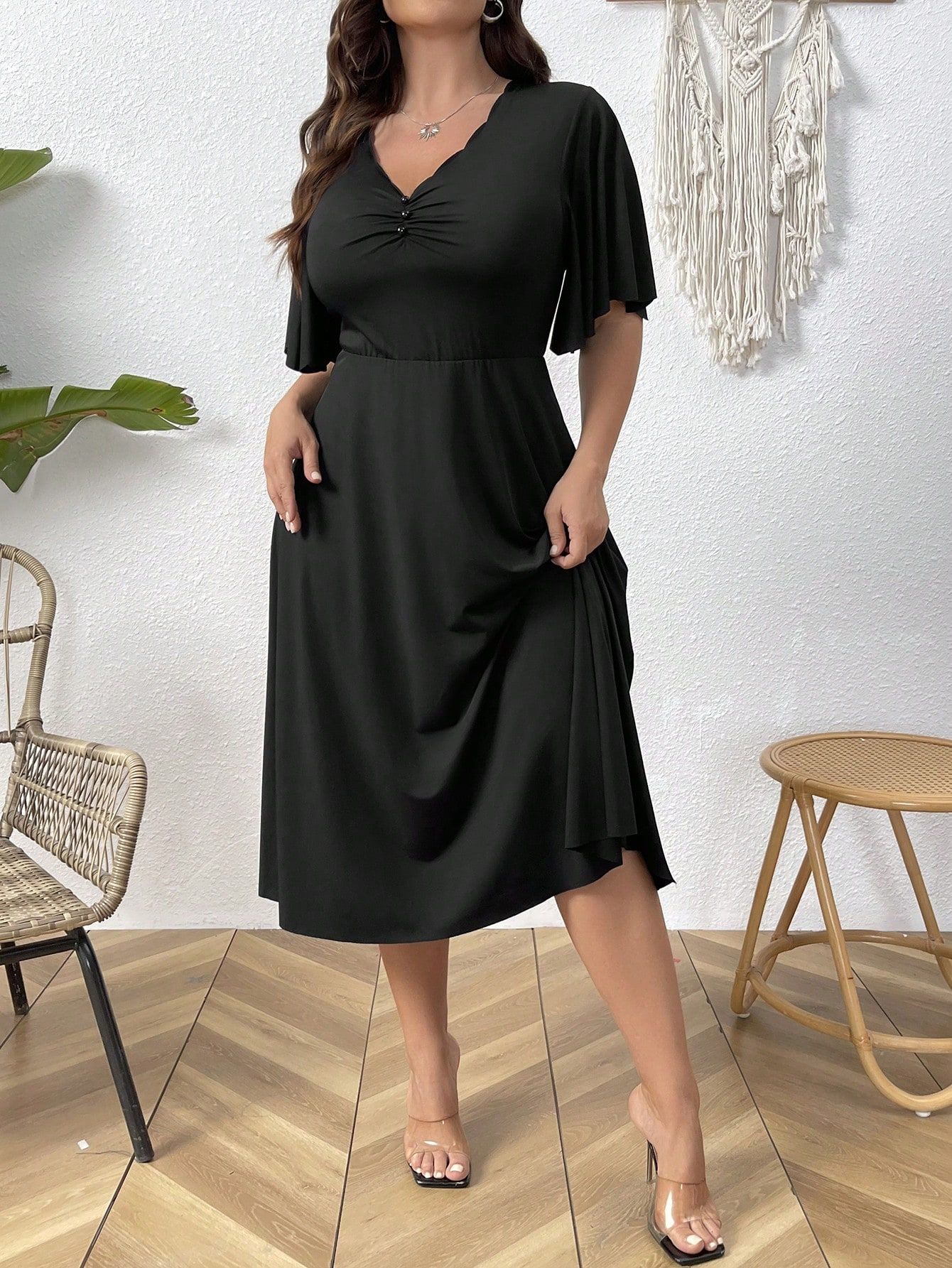 Sukienka Midi Rozkloszowana Elegancka Wizytowa Czarna Shein 4Xl 48