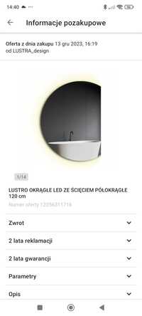 Sprzedam lustro półokrągłe 120 cm LED