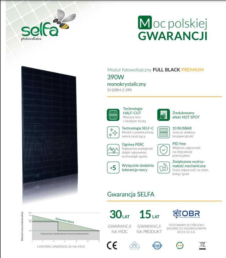 SELFA Panele fotowoltaiczne FULL BLACK PREMIUM Polski producent 390W
