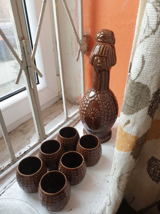 "PIAST" BOLESŁAWIEC kamionkowa karafka i kieliszki/PRL