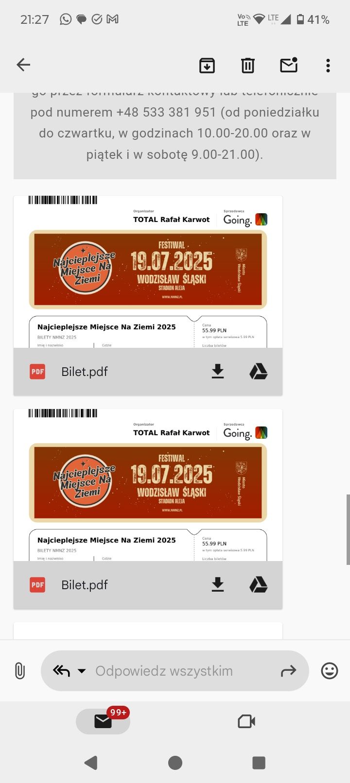 Dwa bilety na Festiwal Najcieplejsze Miejsce na Ziemi  19.07.2025