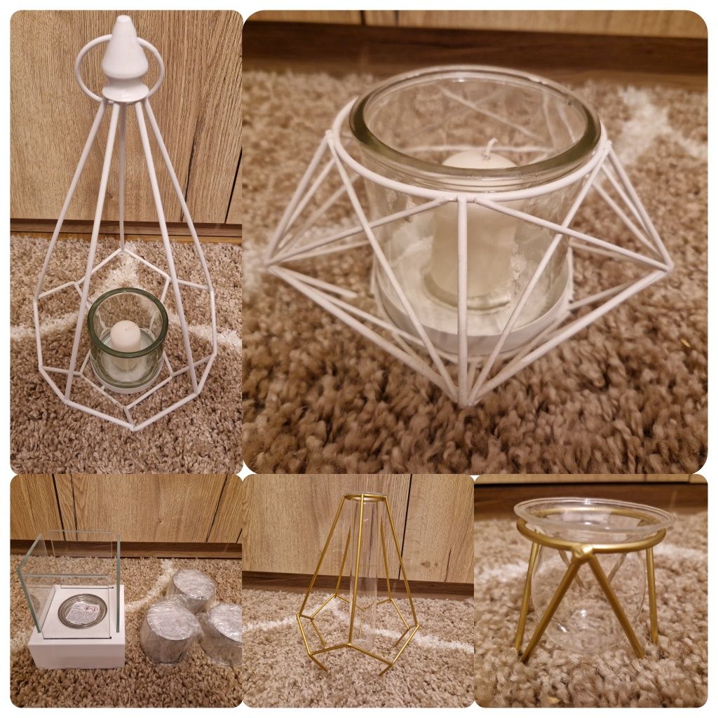 Świecznik metalowy biały geometryczny