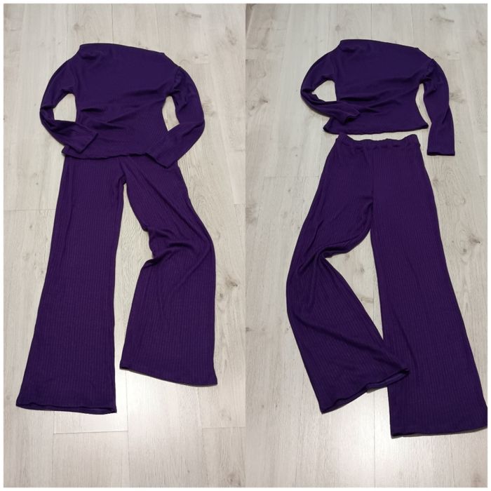 Zestaw dzianina prążek komplet bluzka + spodnie fiolet