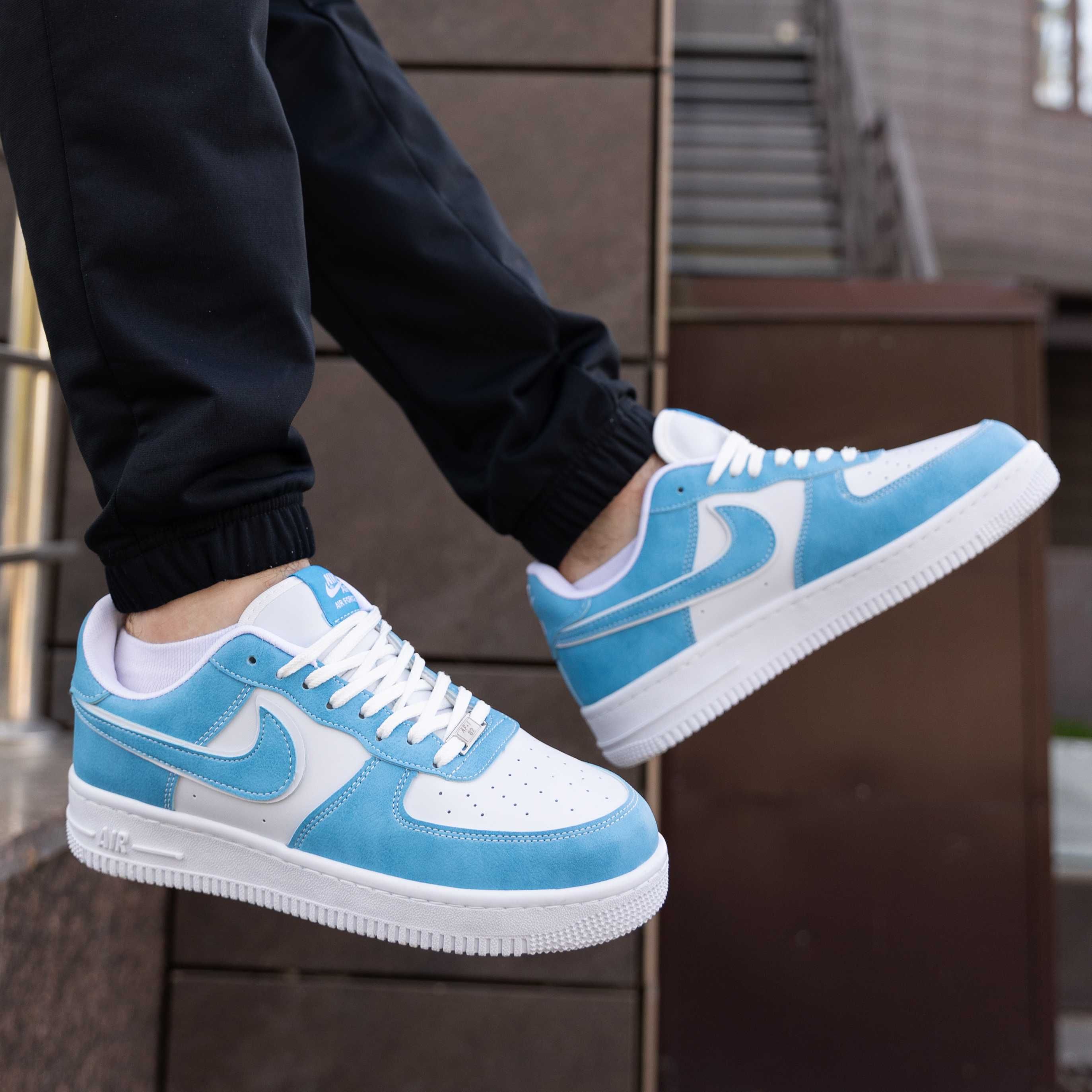 Мужские кроссовки Найк Эйр Форс бело-голубые Nike Air Force White Blue