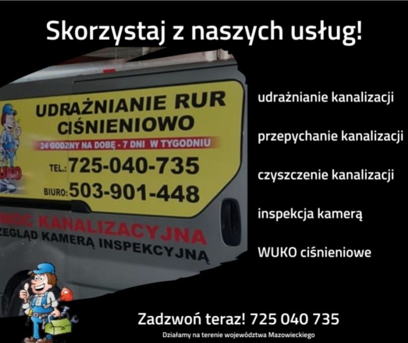 Hydraulik Udrażnianie czyszczenie rur kanalizacij WUKO kamera TV Ząbki