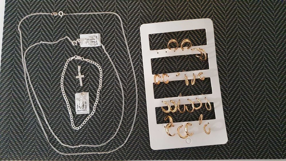 Srebrny łańcuszek z krzyżykiem Zestaw 3szt + Kolczyki Złote