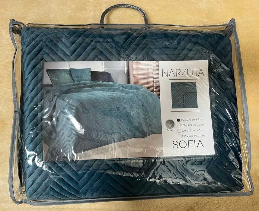 Narzuta na łóżko 170x210 niebieska Welwet Pikowana Jodełka