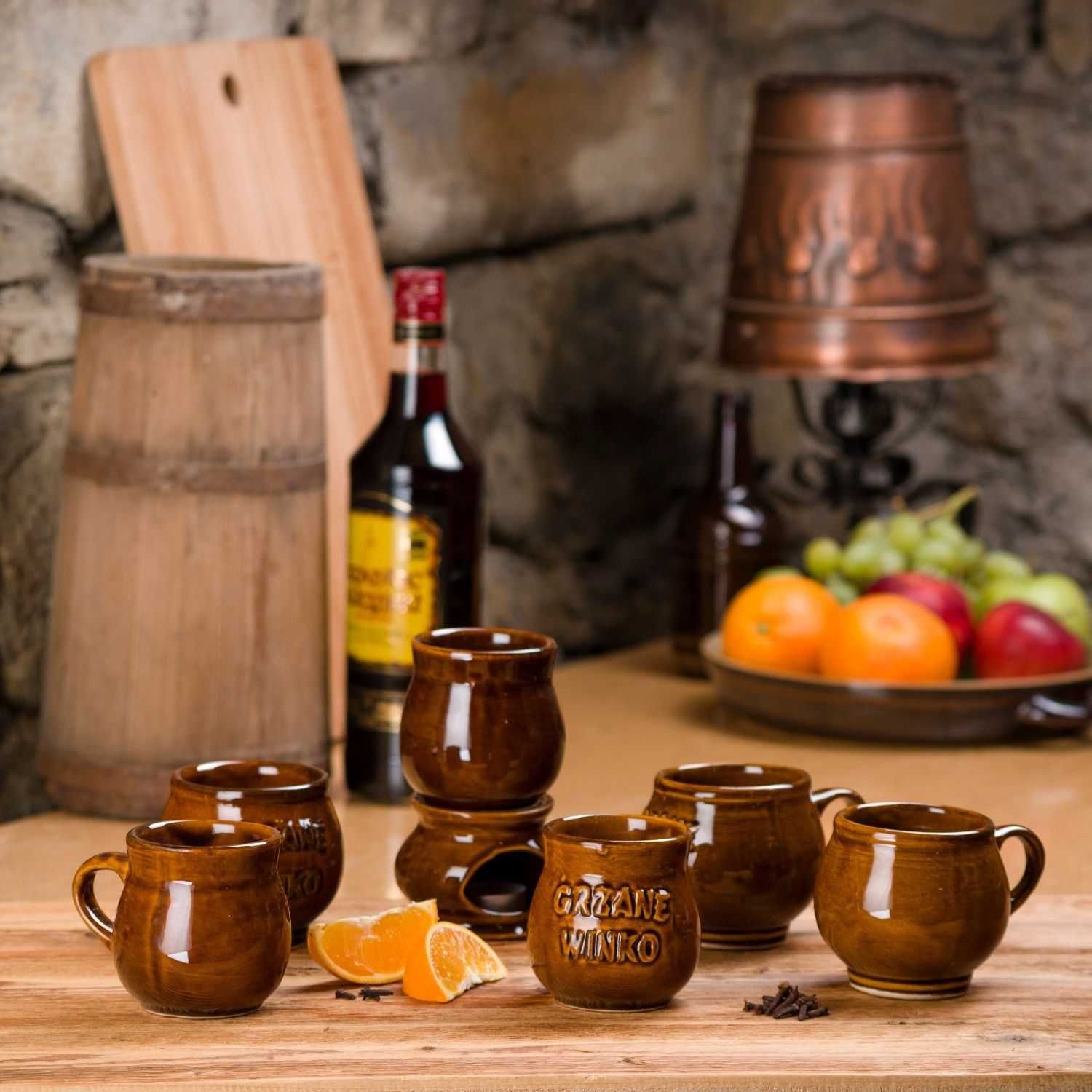 Kubek na wino herbatę grzańca kamionkowy z napisem i uchem 300 ml