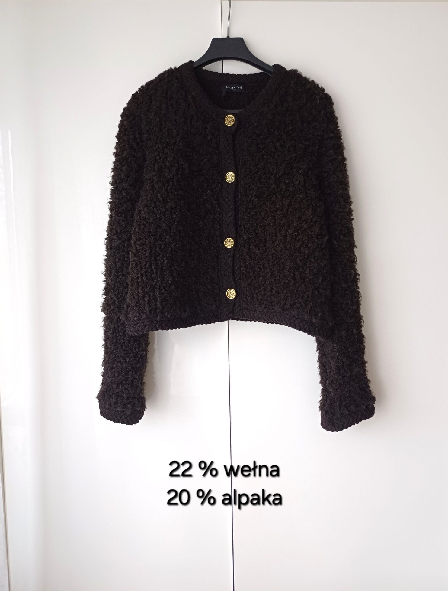 Massimo Dutti kardigan wełna alpaka brązowy sweter boucle złote guziki