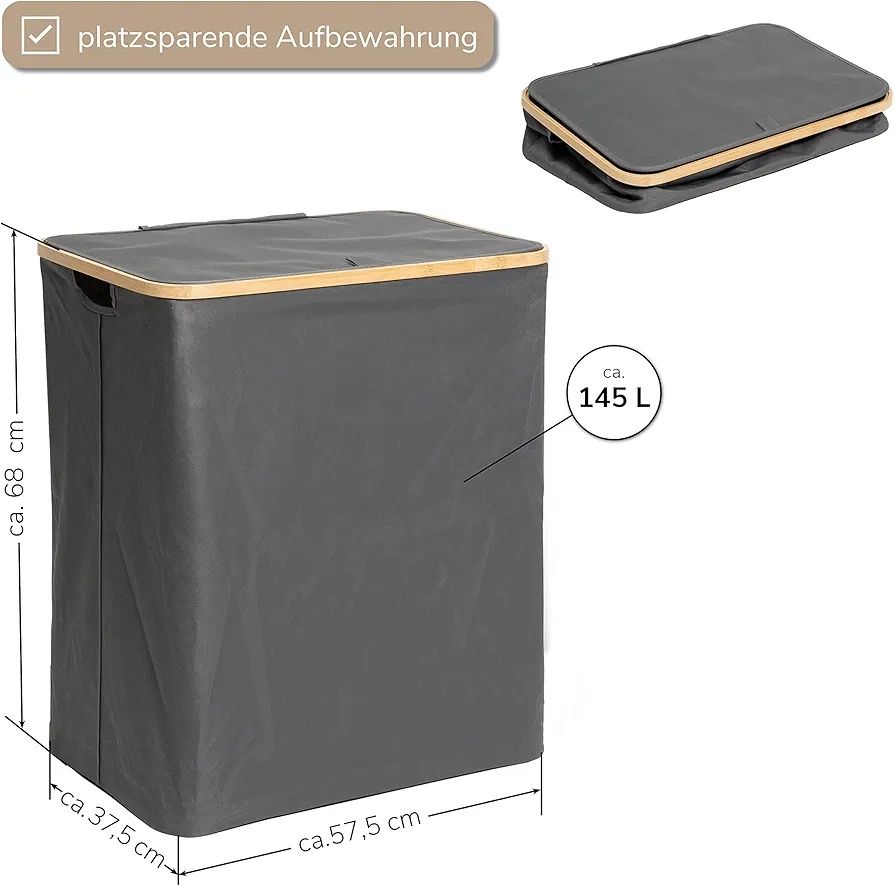 Kosz na pranie dwukomorowy 145L materiał+ bambus B51
